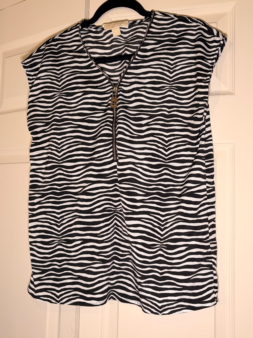 MICHAEL Michael Kors Black and White Zebra Print Zip Top